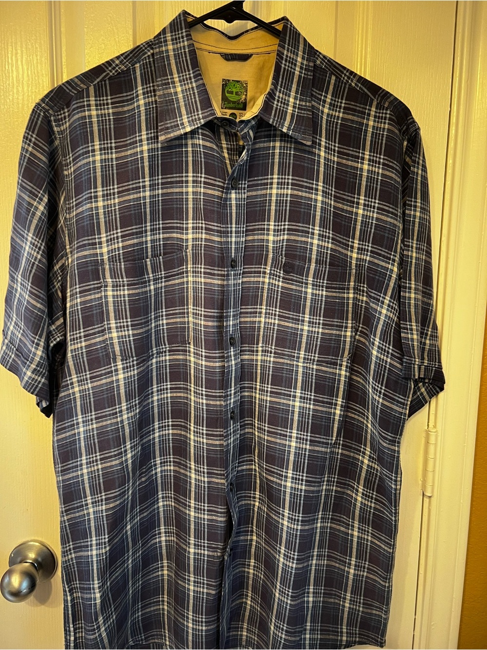 Timberland Men’s M Linen Blend Plaid Short Sleeve Button Up Shirt